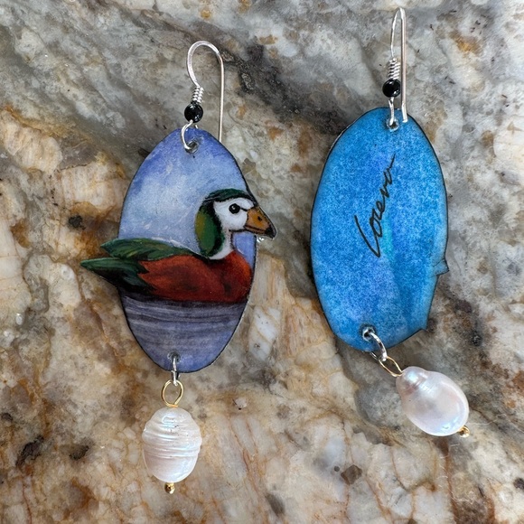African pygmy geese handpainted earrings sterling birds goose ducks OOAK - Picture 6 of 6